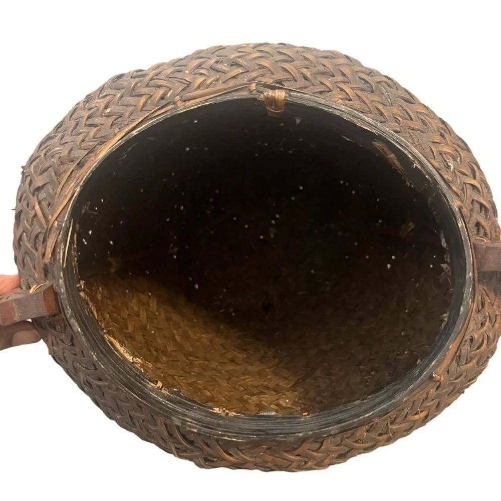 Vintage Old‎ Rattan Betel Nut Gathering Basket, with wooden Handles